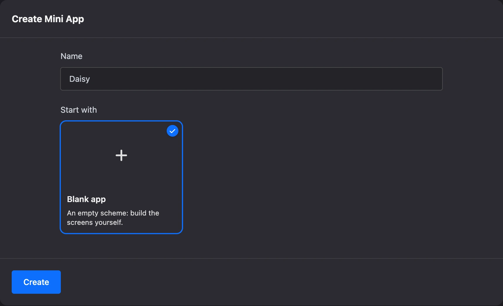 Mini app creation form: name and templates