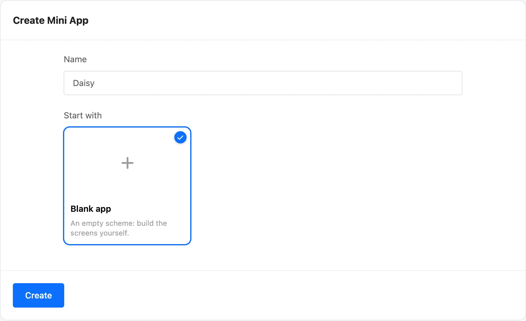 Mini app creation form: name and templates