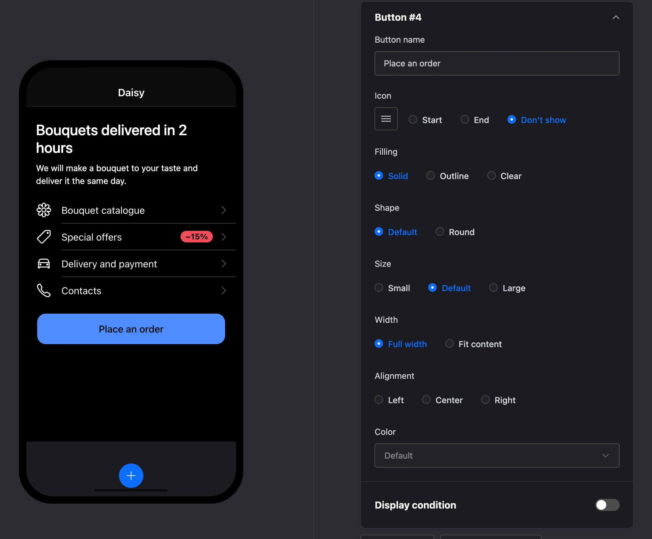 Screen editor: clicking the button on the phone opened its settings