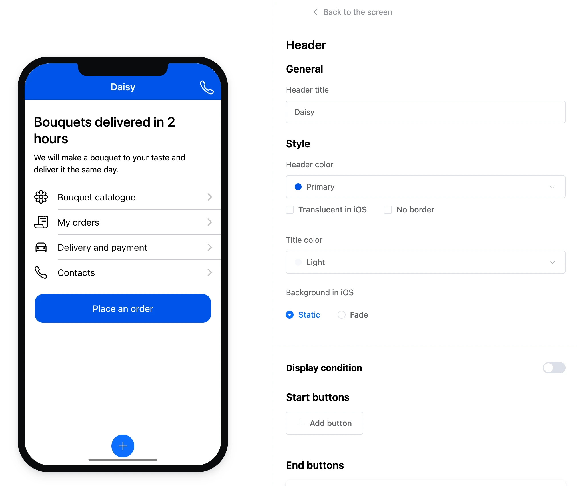 Screen editor: the header is selected on the phone, its settings on the right