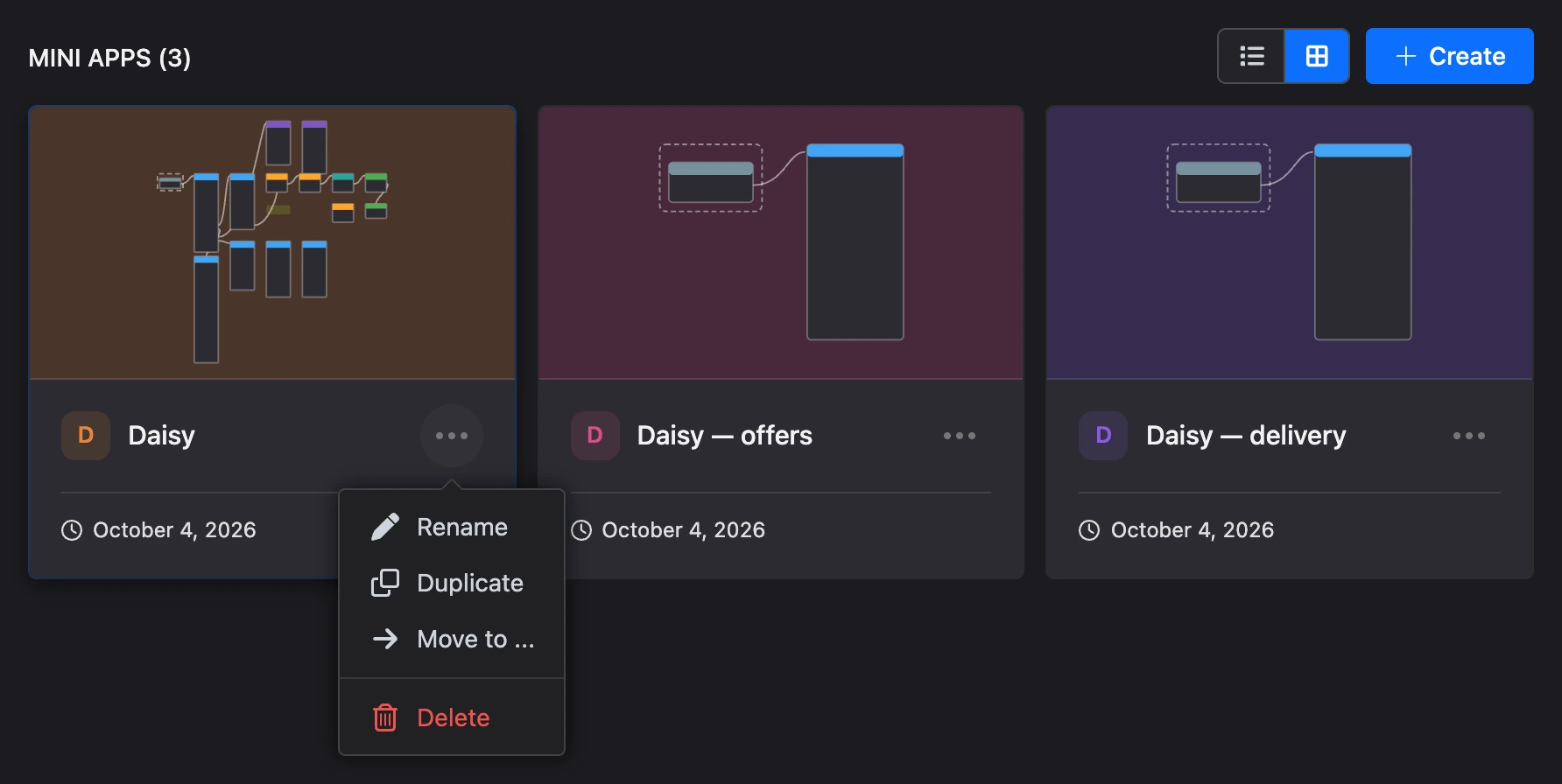 App list as cards and the “⋯” menu