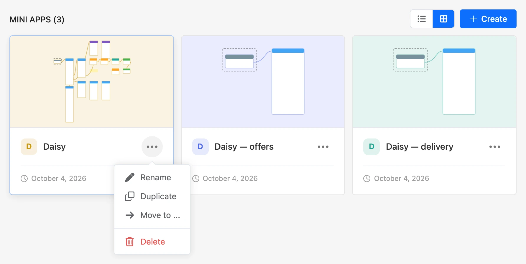 App list as cards and the “⋯” menu