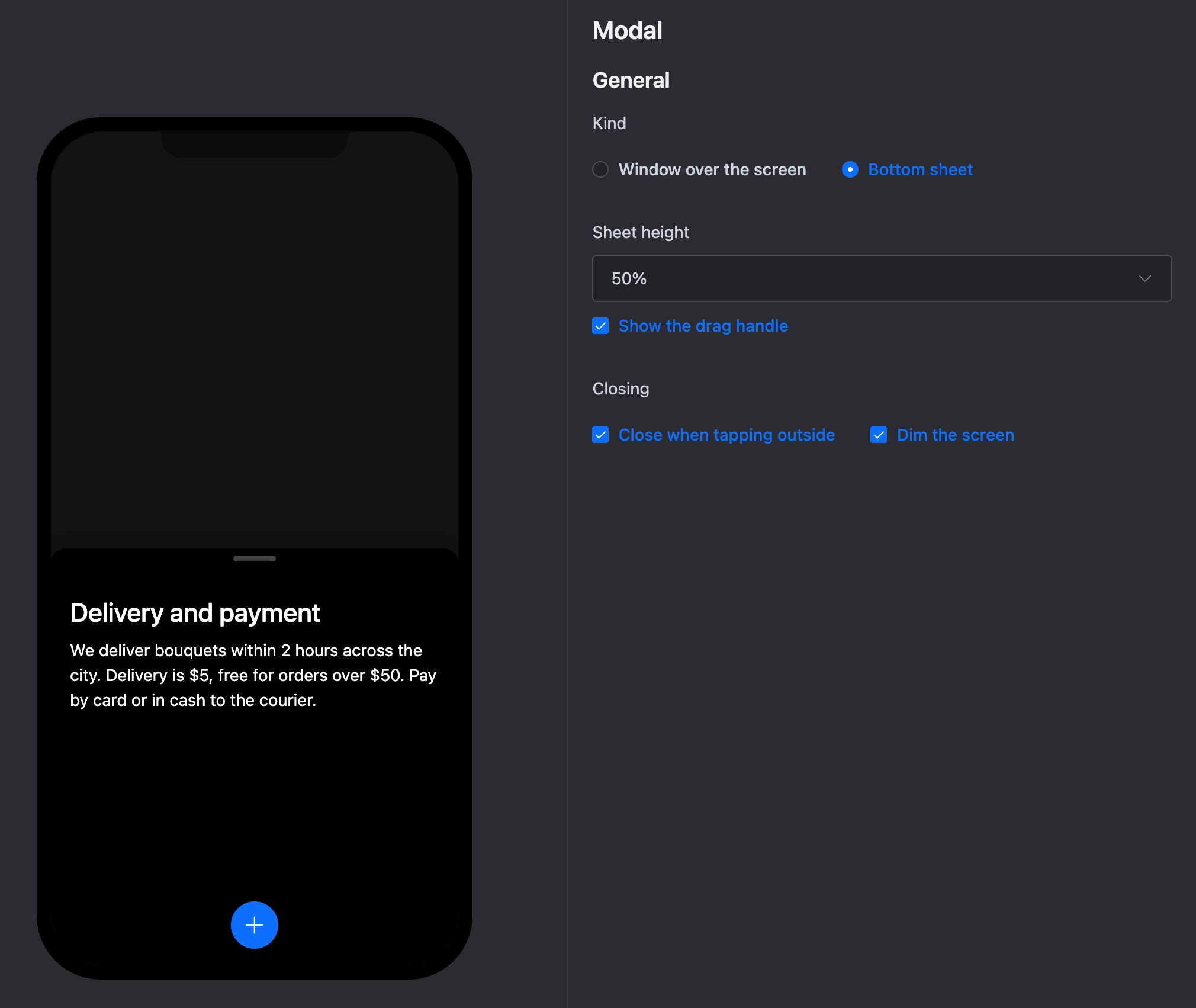 A "Bottom sheet" modal and its settings