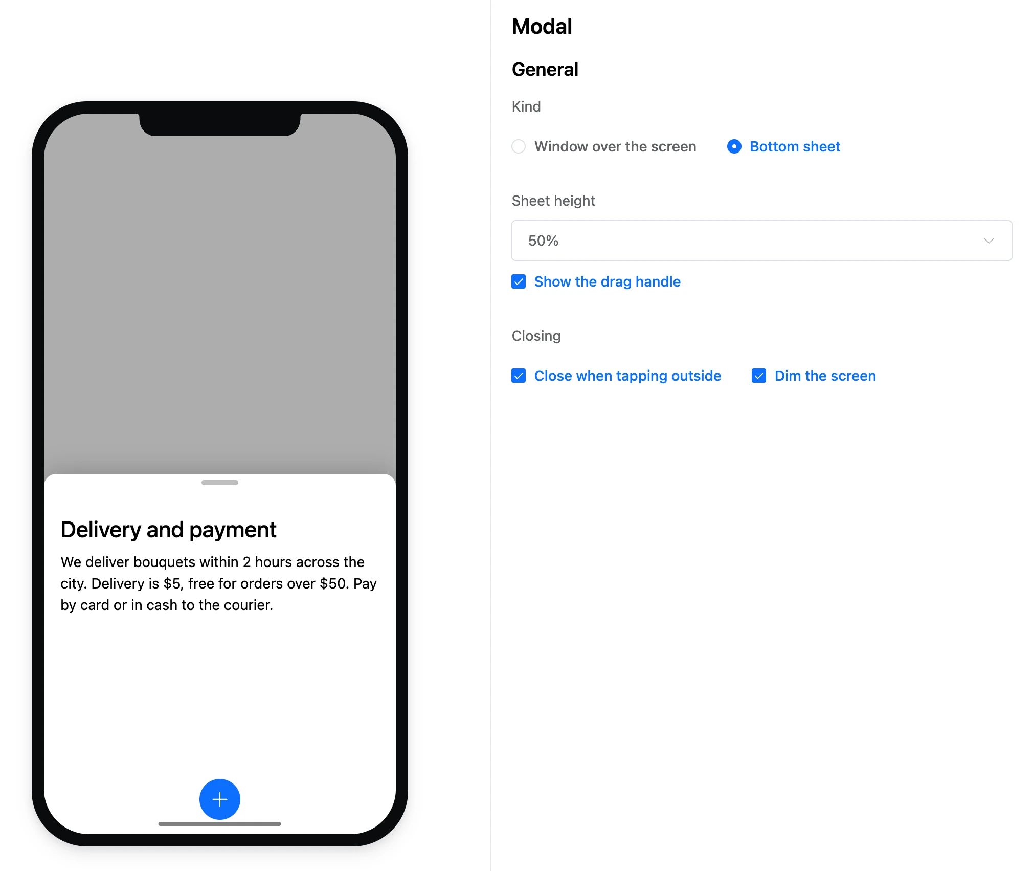 A bottom sheet modal and its settings