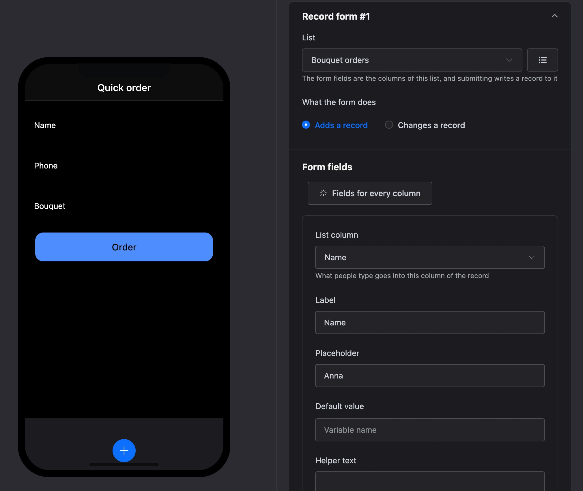 The "Record form" element: a quick order form on the screen and the form fields in the settings
