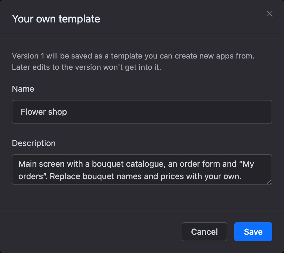 The “Your template” window: name and description
