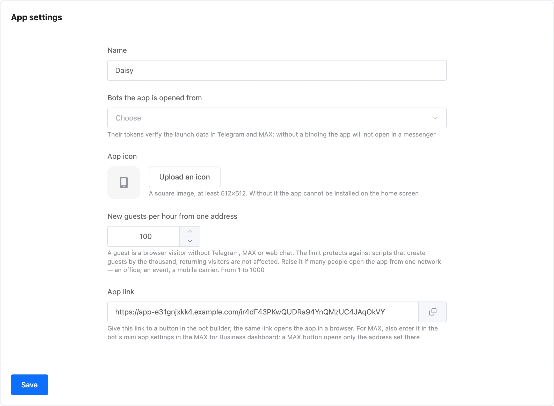 The mini app Settings section