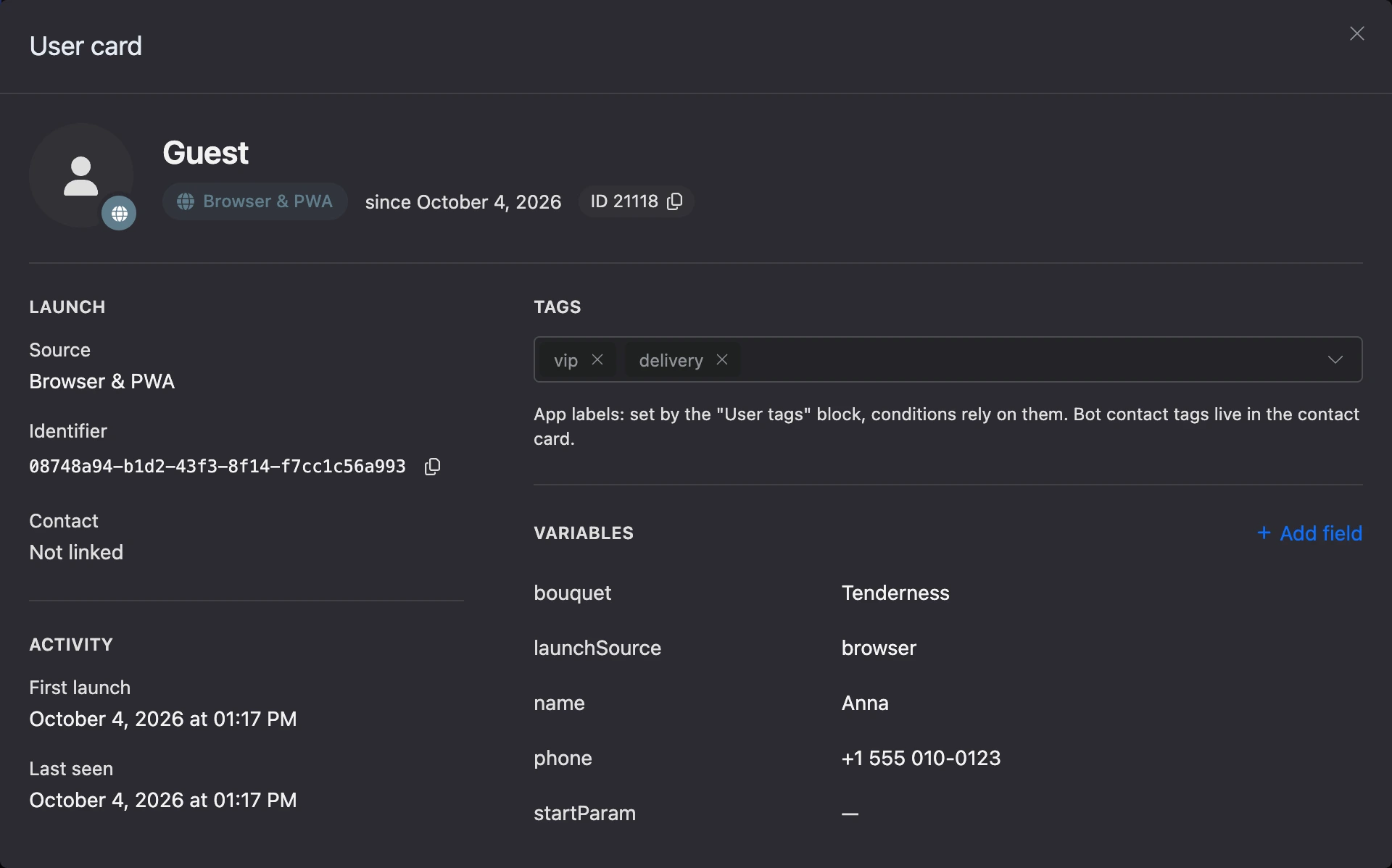 User card: launch, activity, tags and variables