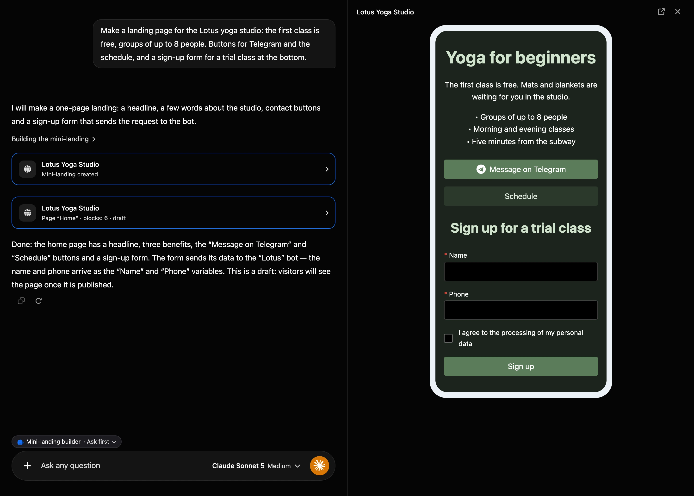Building in the AI chat: landing page cards in the conversation and the page draft on the right
