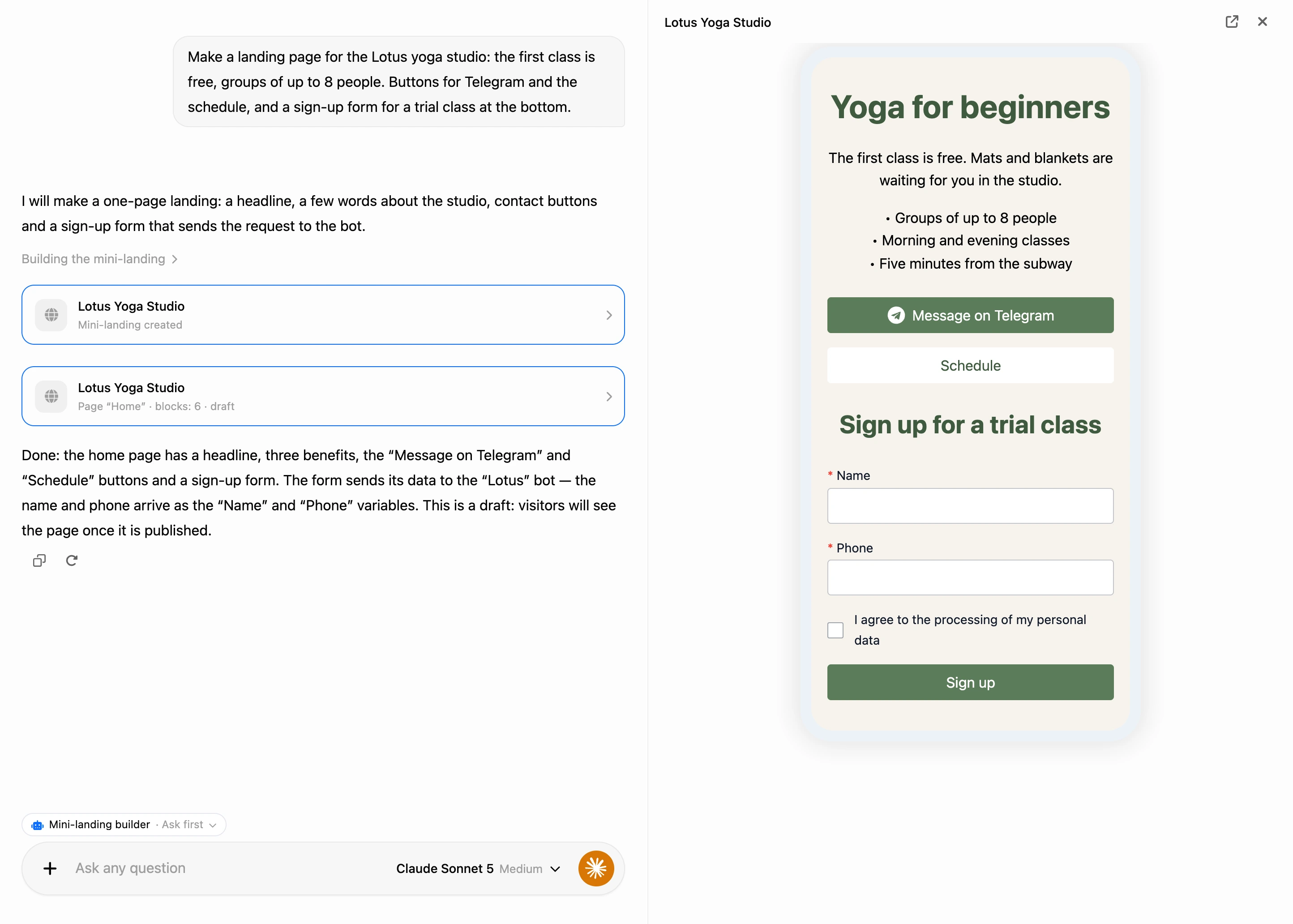 Building in the AI chat: landing page cards in the conversation and the page draft on the right
