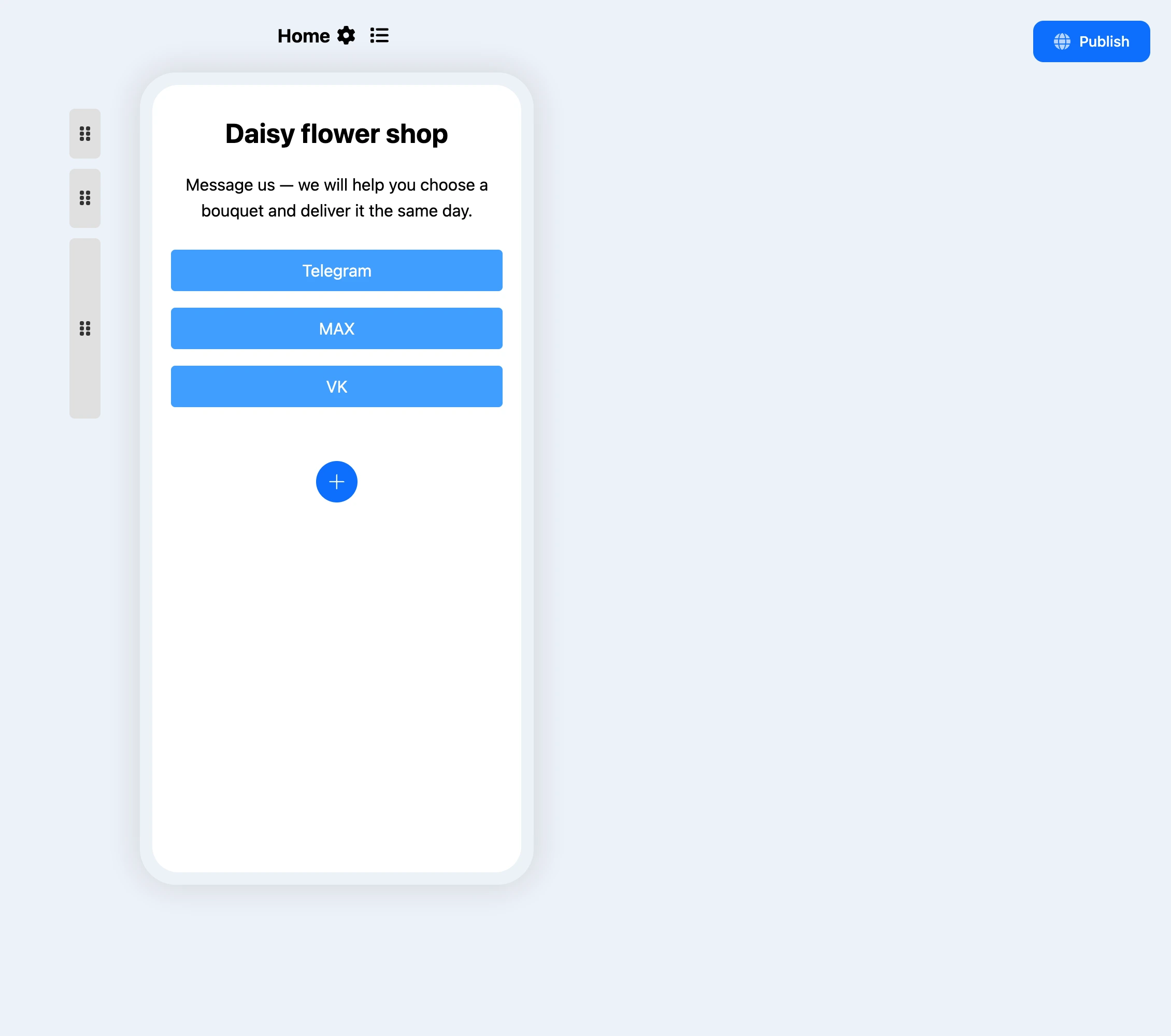Mini landing page builder: a page with a title, text and messenger buttons