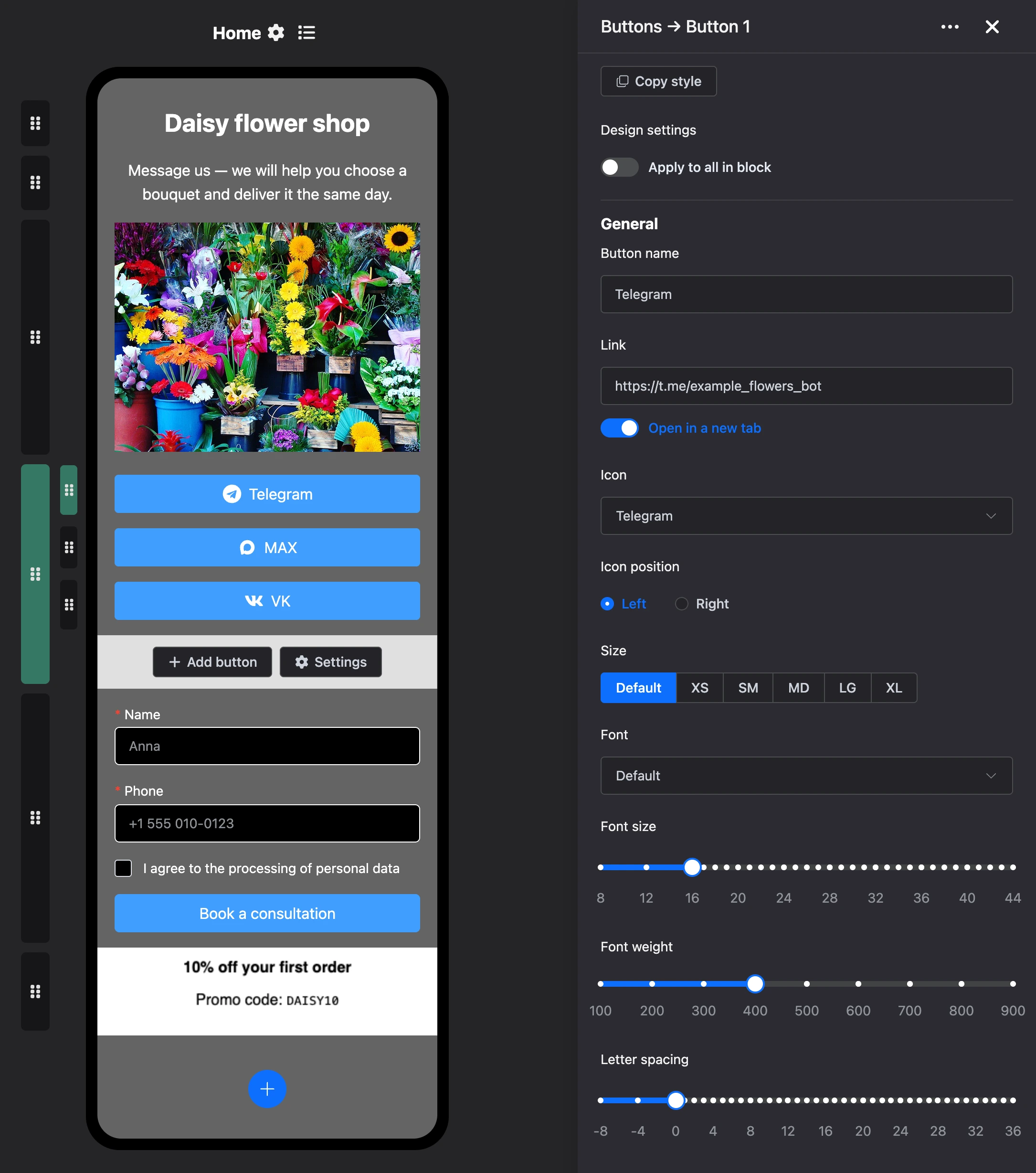 Button settings of the Buttons block