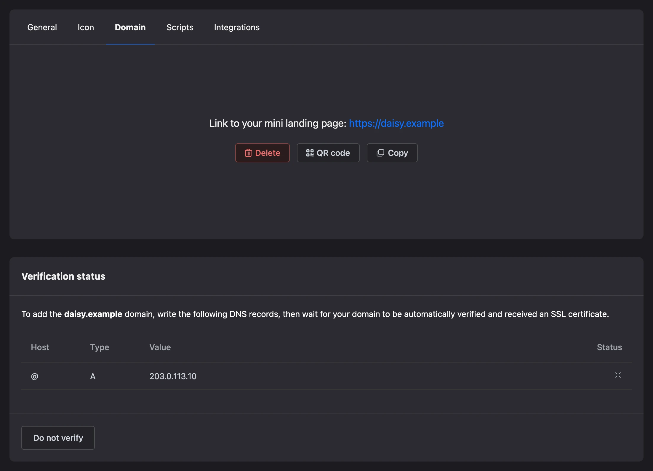 Domain added: verification status and the DNS record