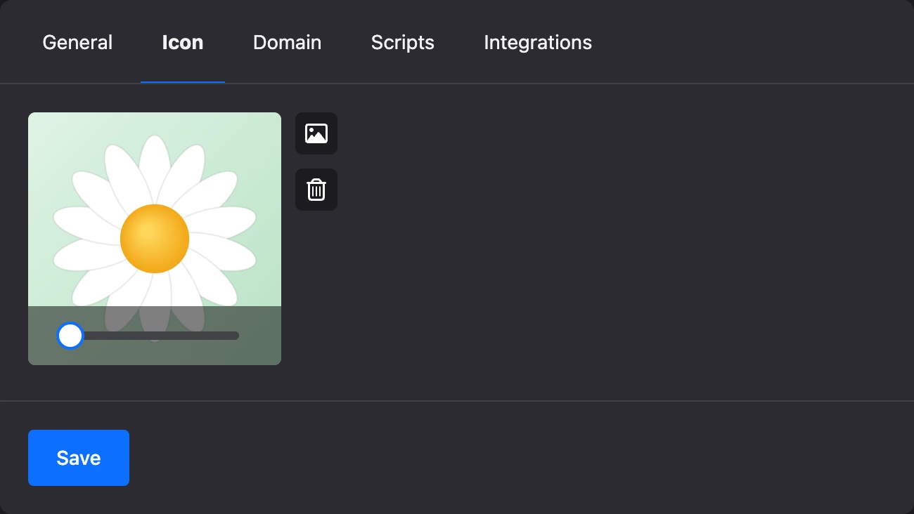 The "Icon" tab: the uploaded image in the frame with the zoom slider
