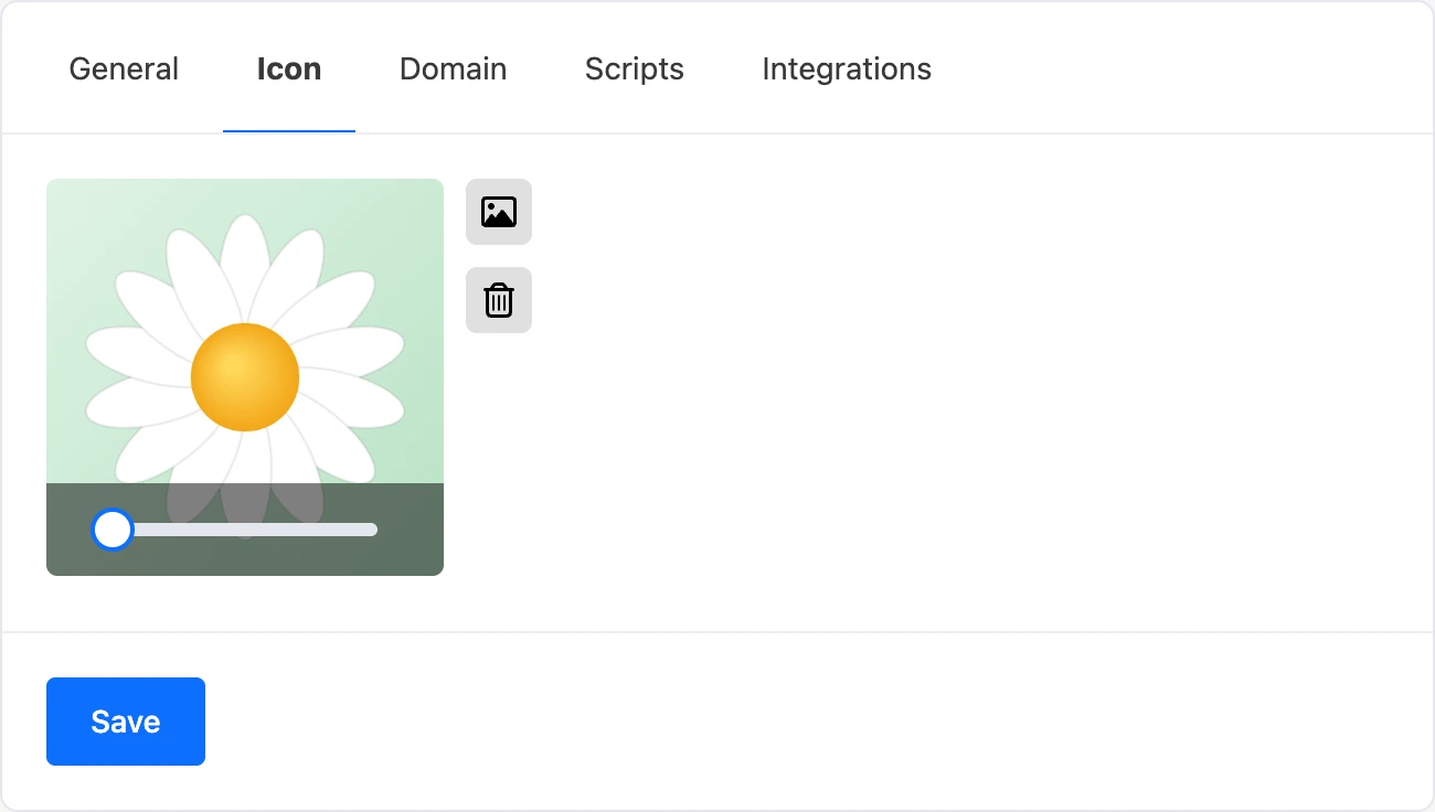 The "Icon" tab: the uploaded image in the frame with the zoom slider