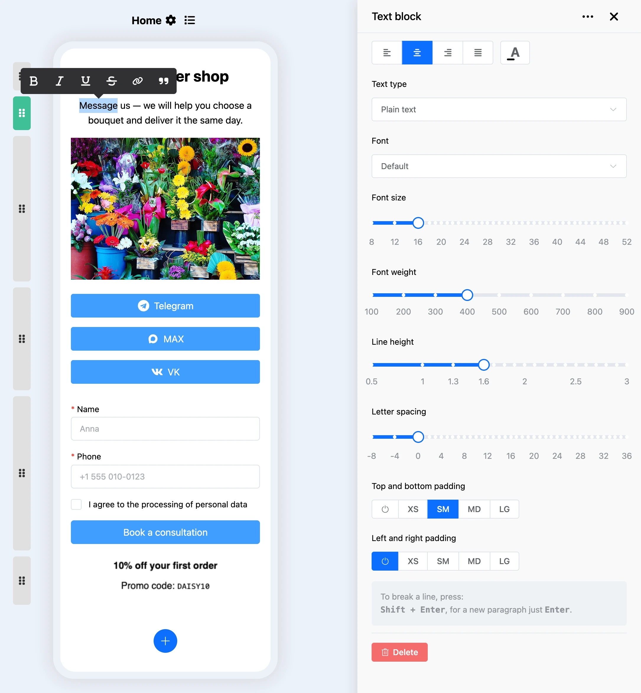 Text block: formatting toolbar above the selected word