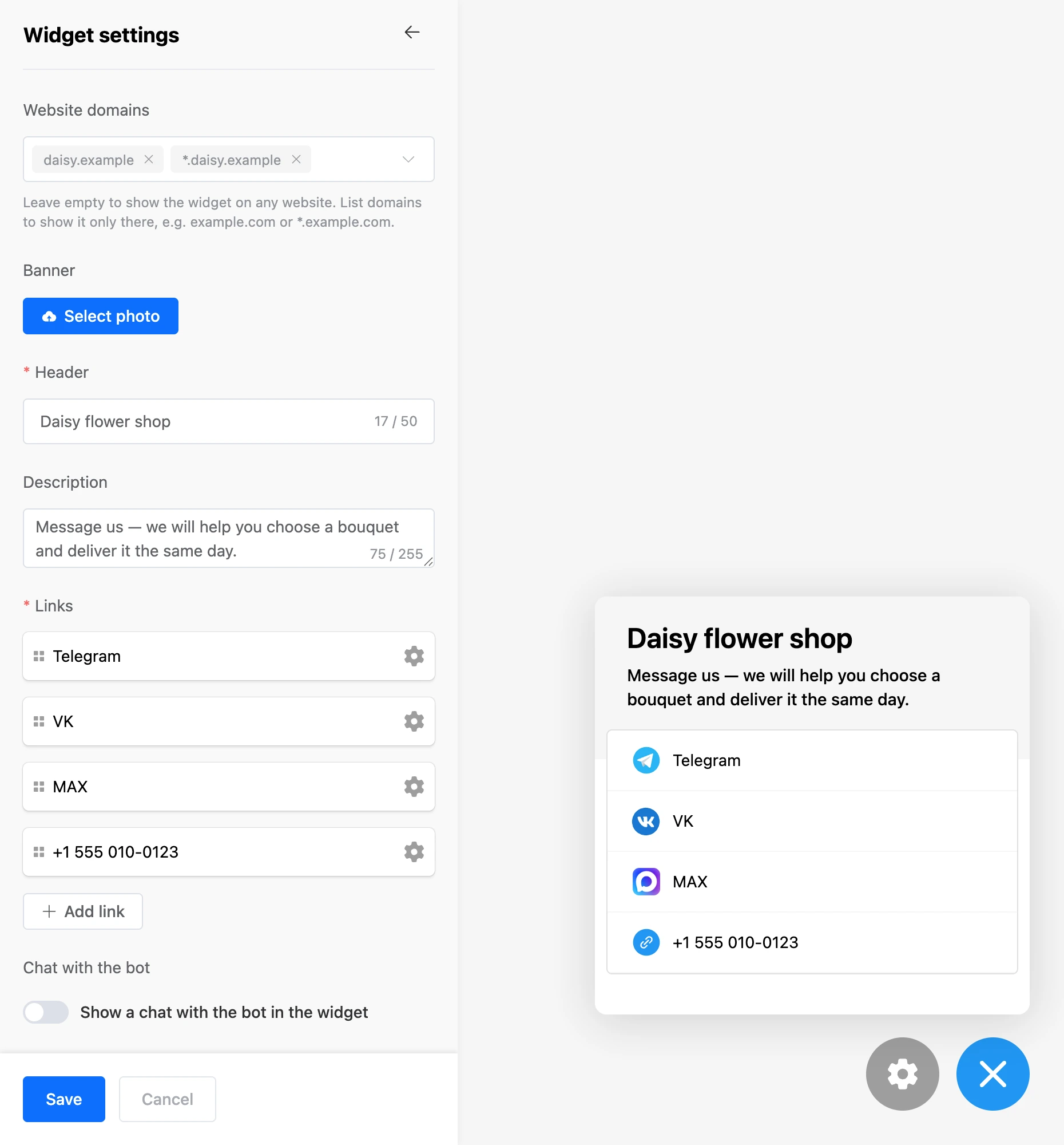 The "Widget settings" panel next to the widget