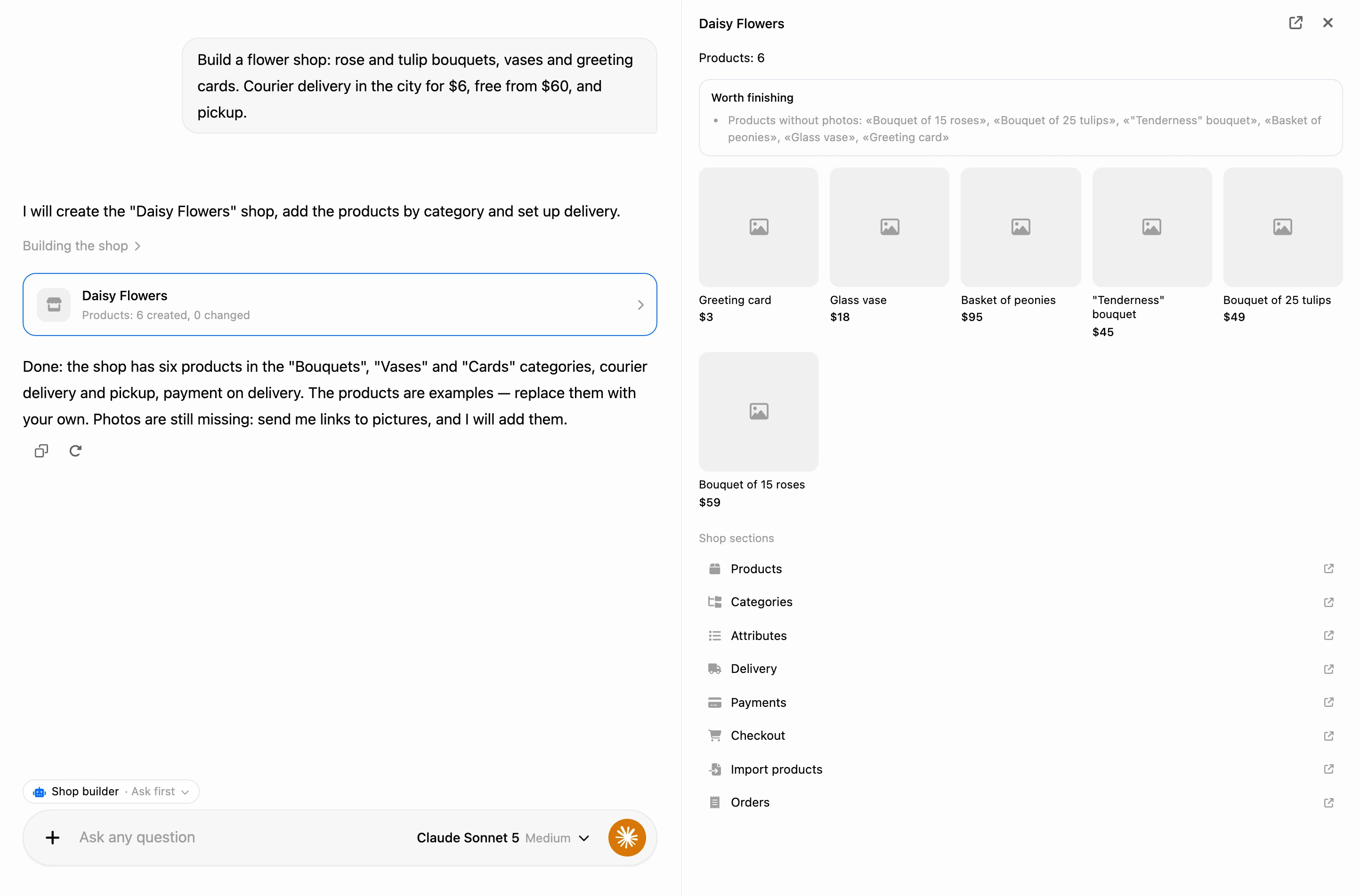 Building in the AI chat: the shop card in the conversation and the shop panel on the right