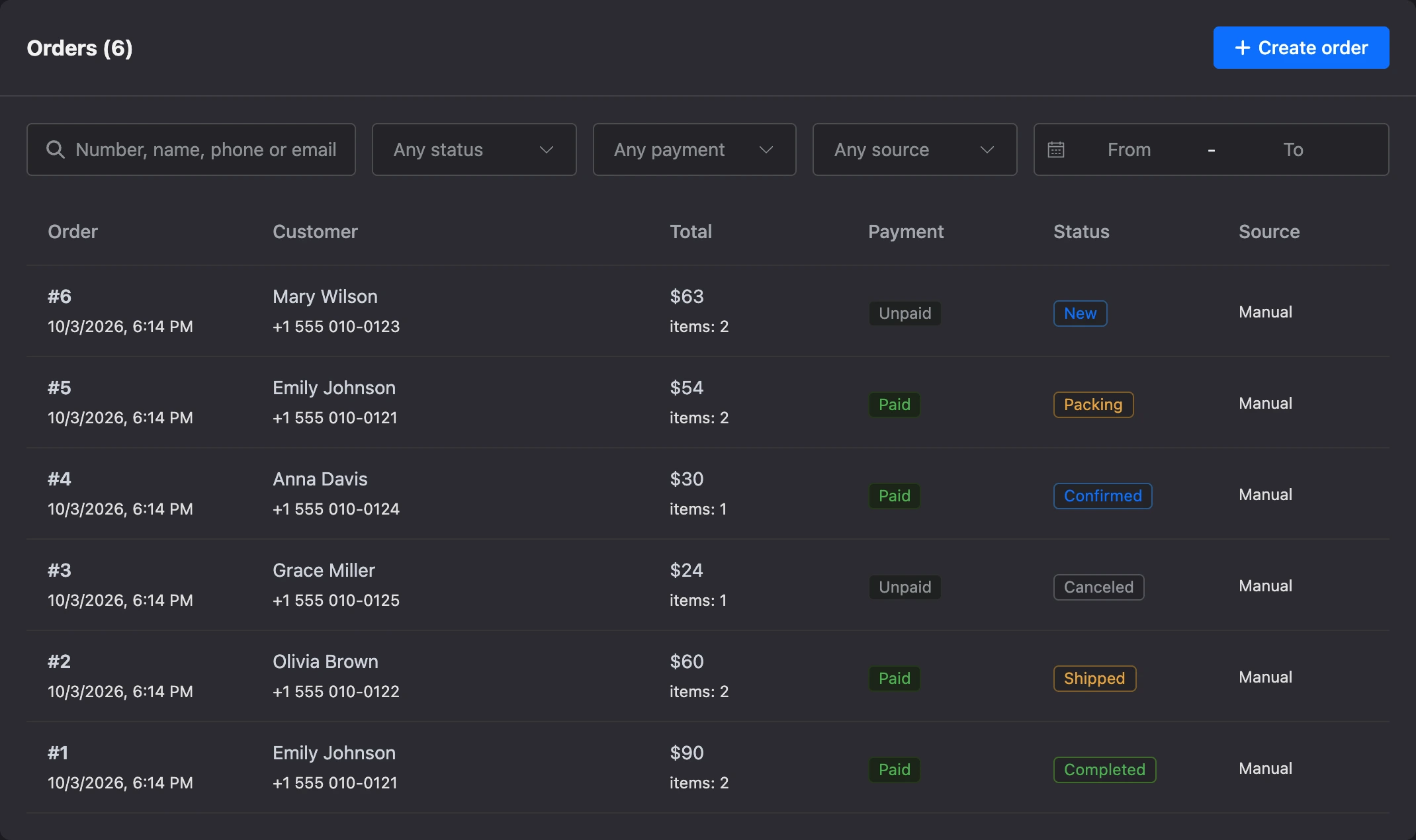 Shop order list
