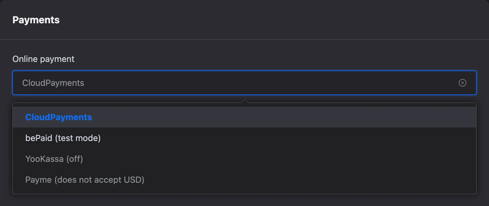 The "Online payment" list with unavailable accounts