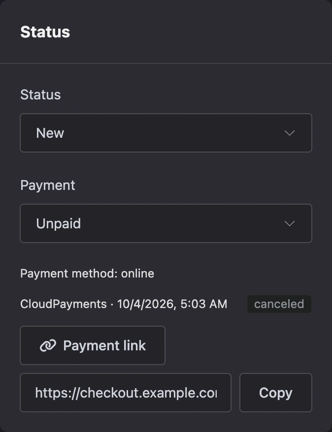Payment link and payment attempt in the order card