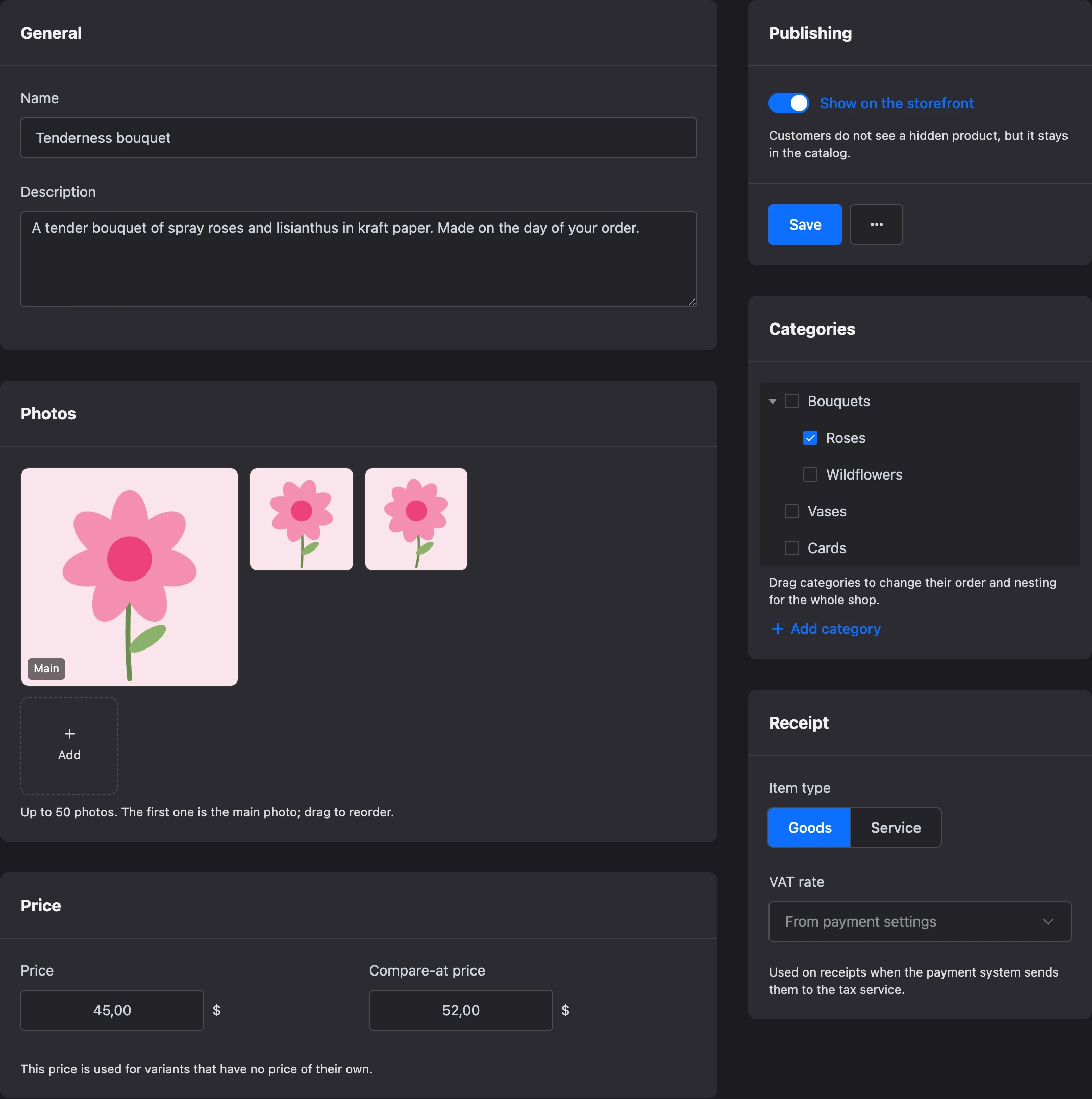 Product card: general, photos, price, publishing, categories and receipt fields