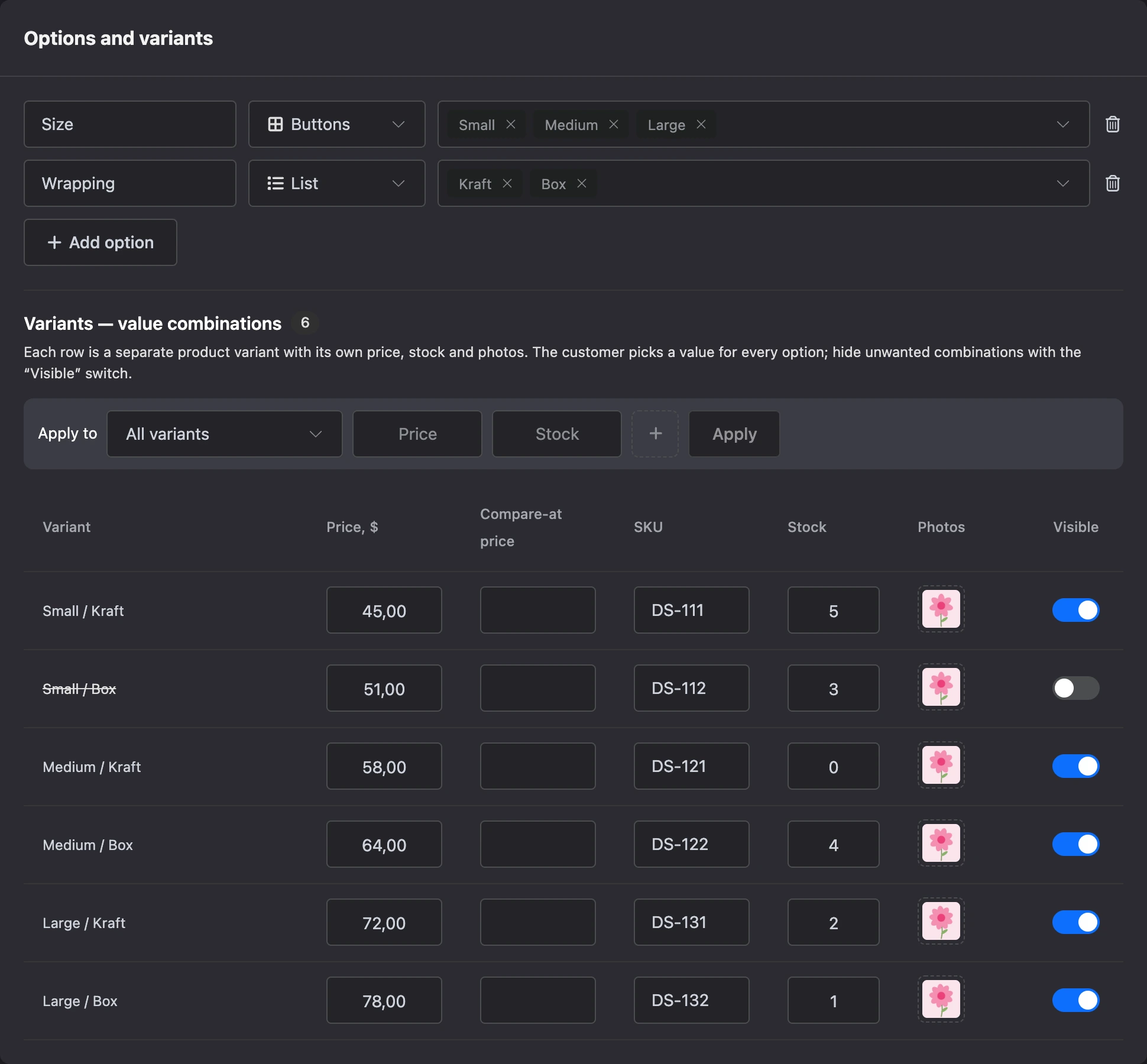 The "Size" and "Wrapping" options and the variants table