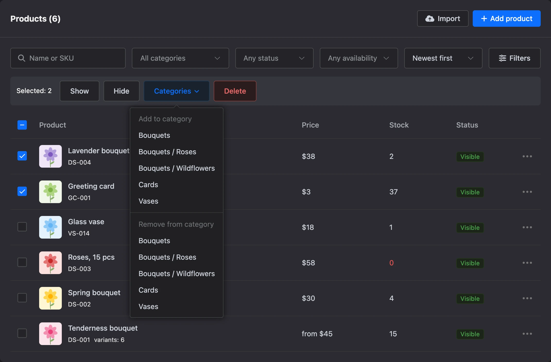 Two products selected: the action bar and the "Categories" menu