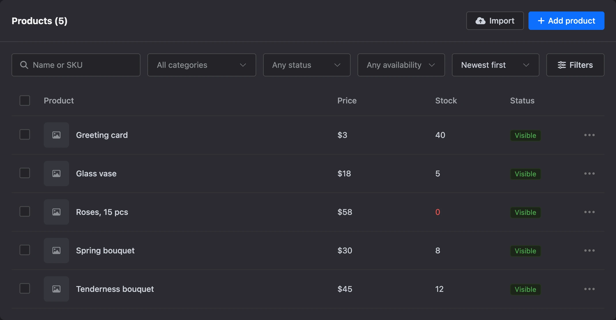 Shop product list: price, stock and status