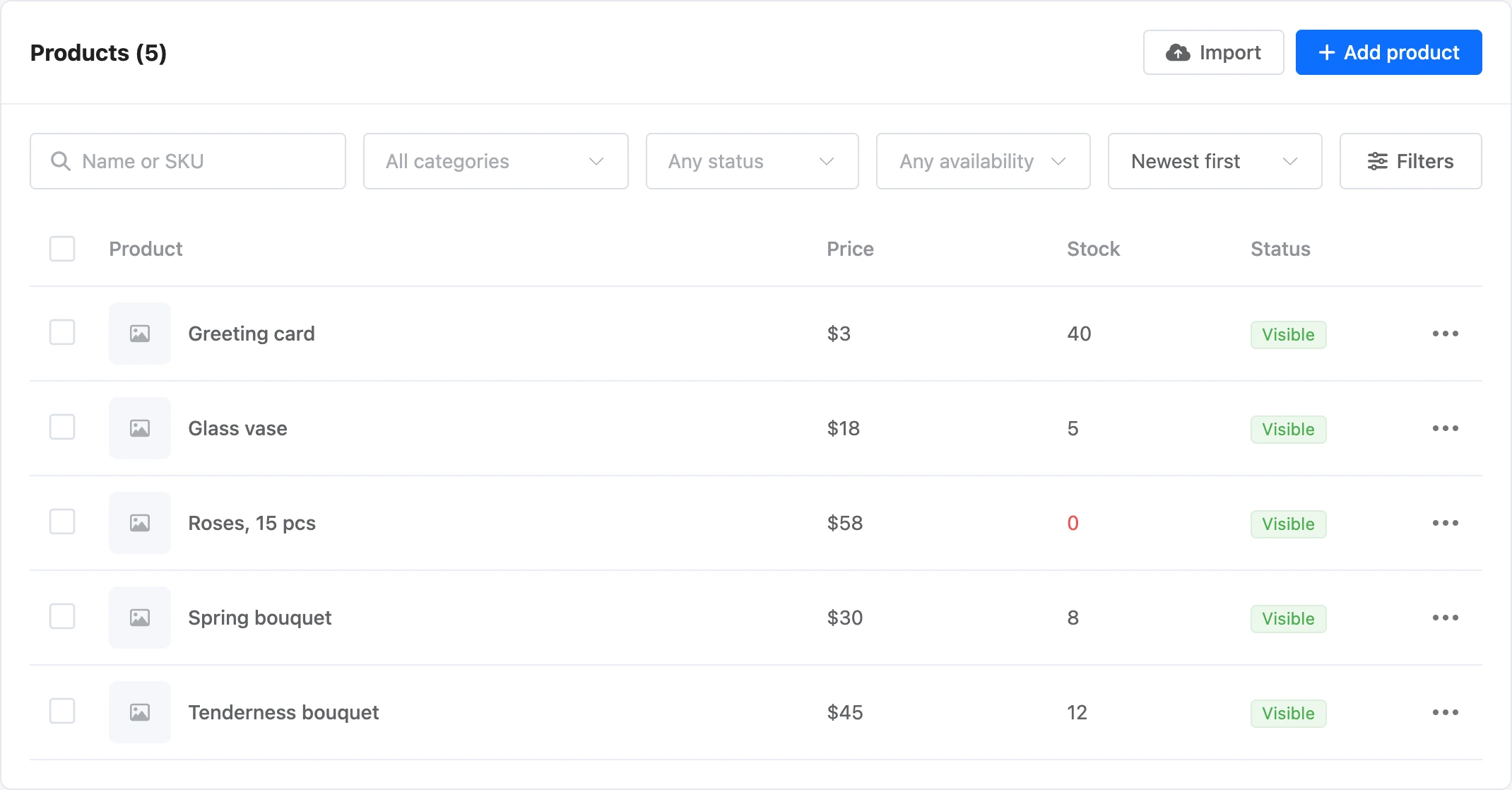 Shop product list: price, stock and status