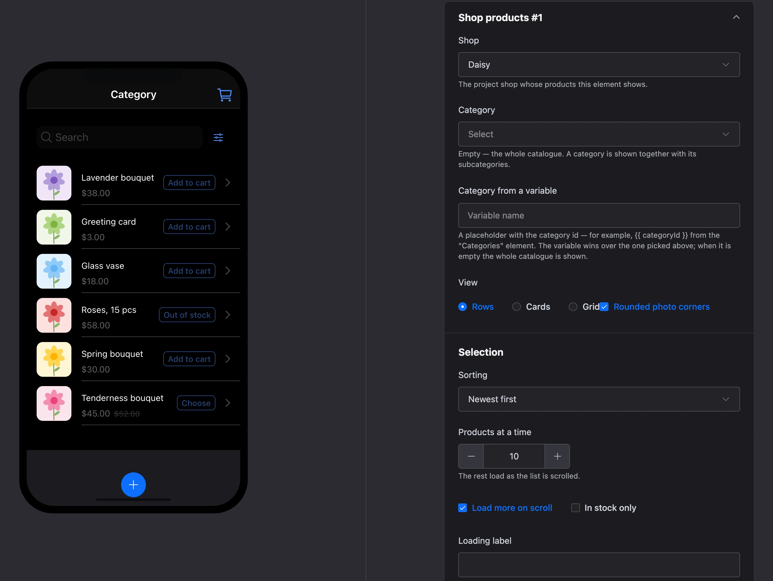 The "Shop products" element in the mini app builder