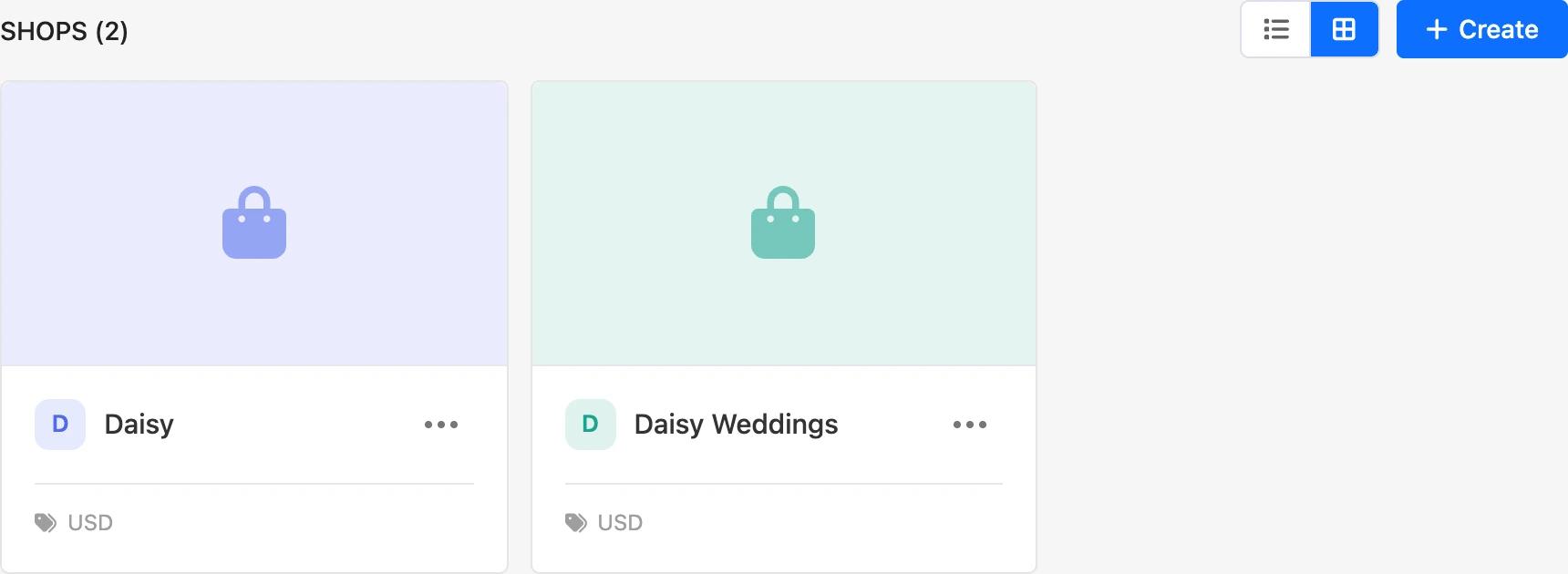 List of shops as cards