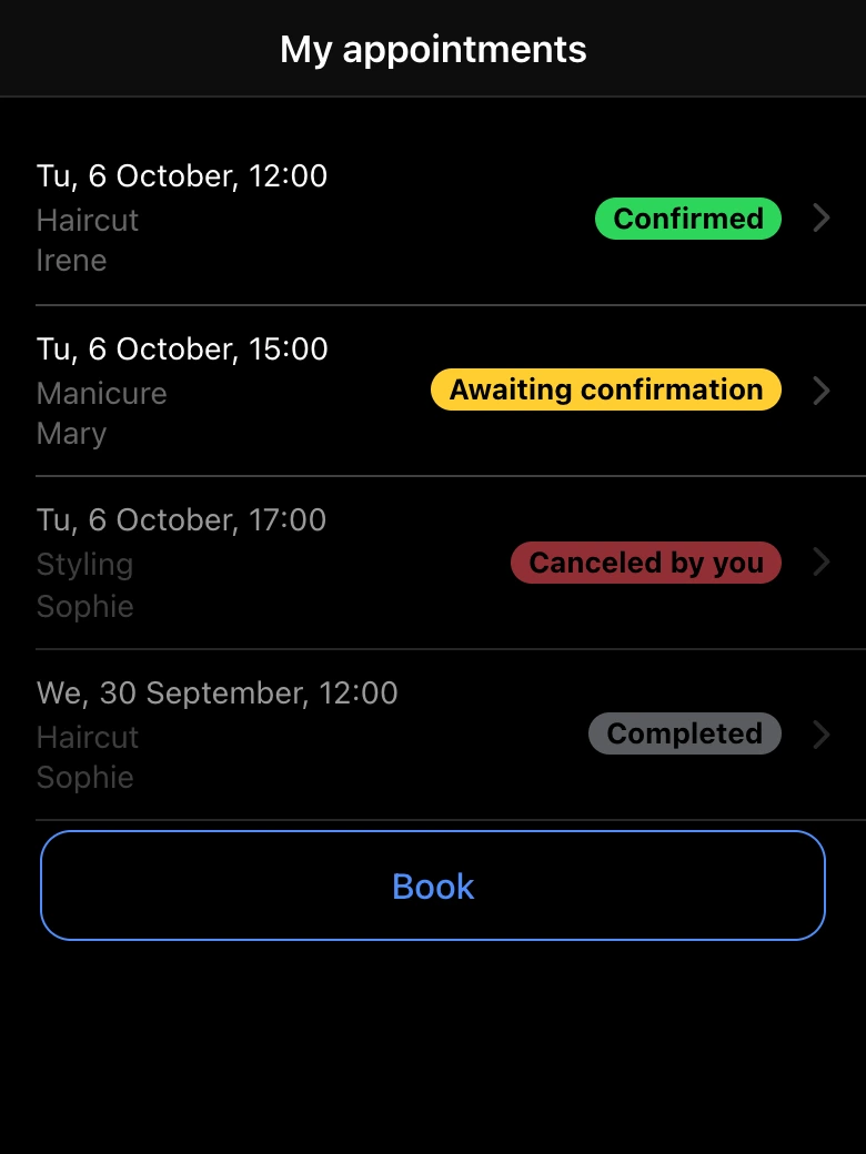 My appointments: statuses of the client’s appointments