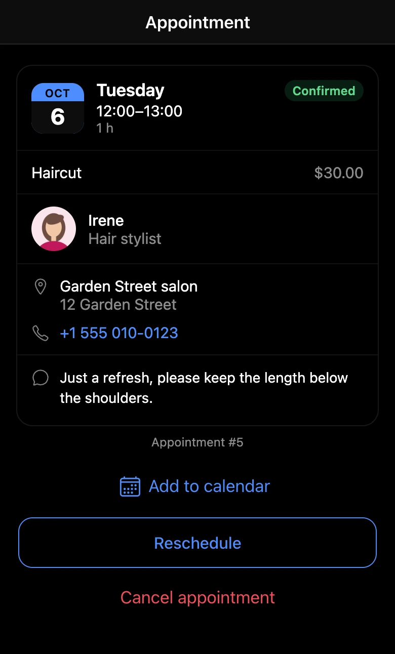 Upcoming appointment card with the "Add to calendar" button