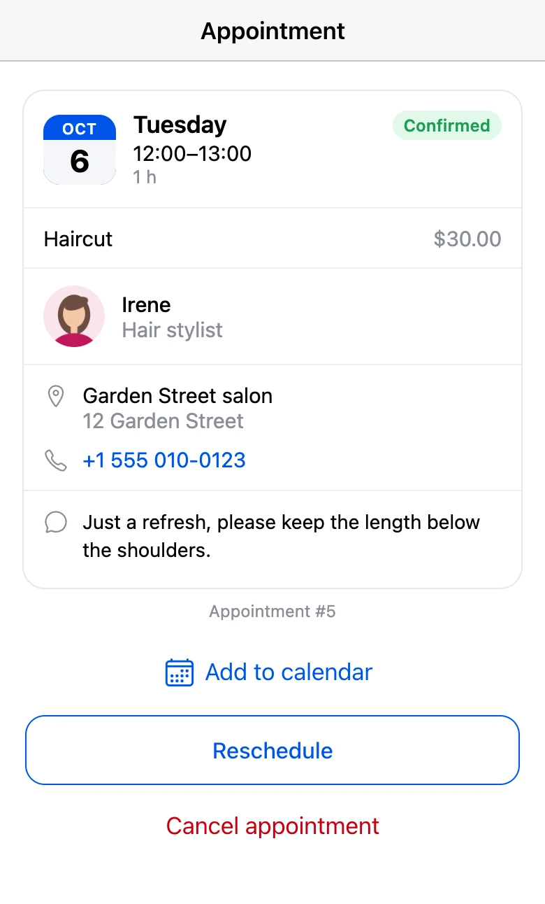 Upcoming appointment card with the "Add to calendar" button
