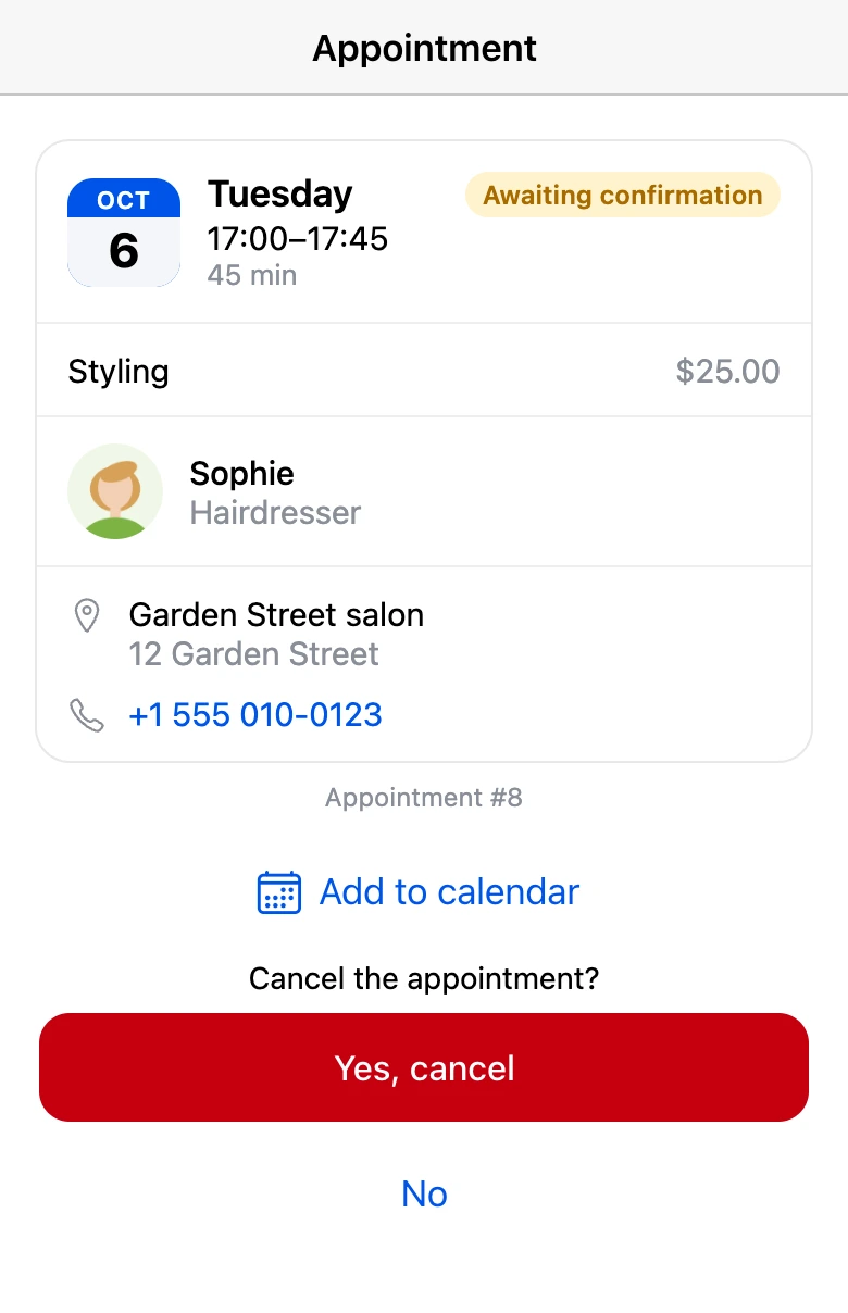Appointment card: the app asks again before cancelling