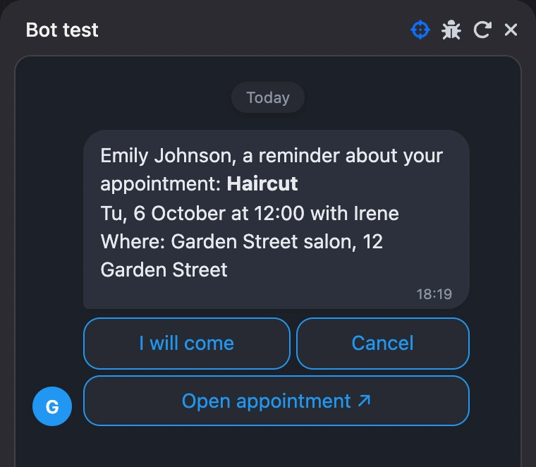 Appointment reminder with the "Open appointment" button