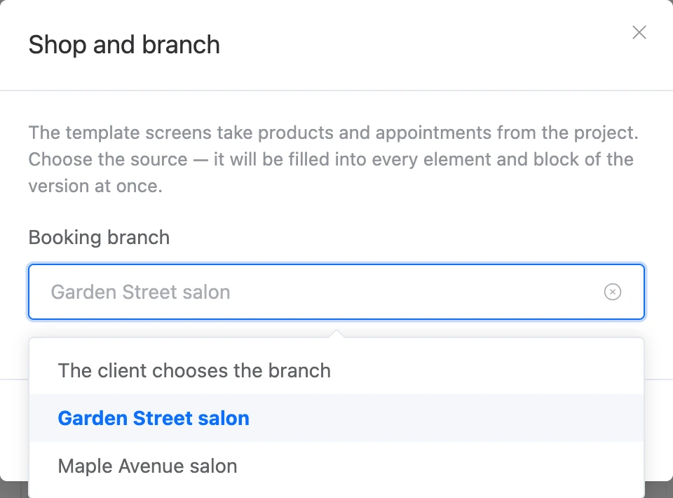 The "Shop and branch" window: choosing the booking branch
