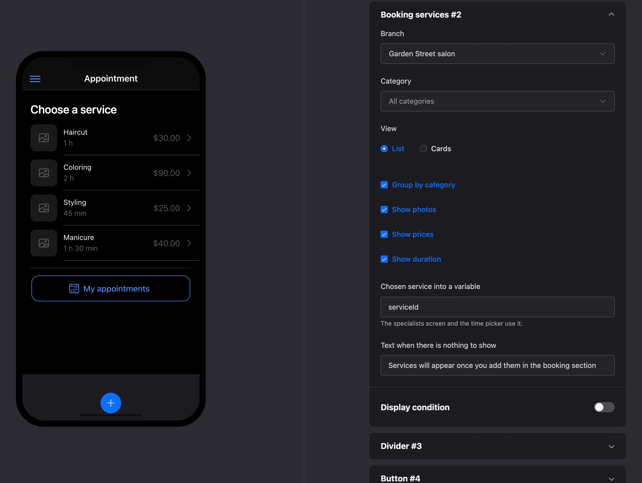 The "Booking services" element in the mini app builder