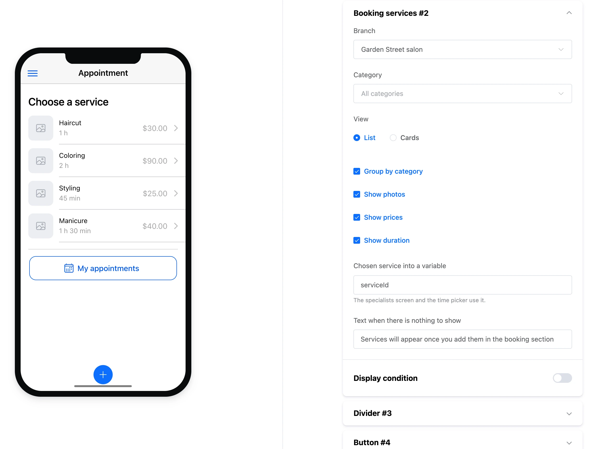 The "Booking services" element in the mini app builder