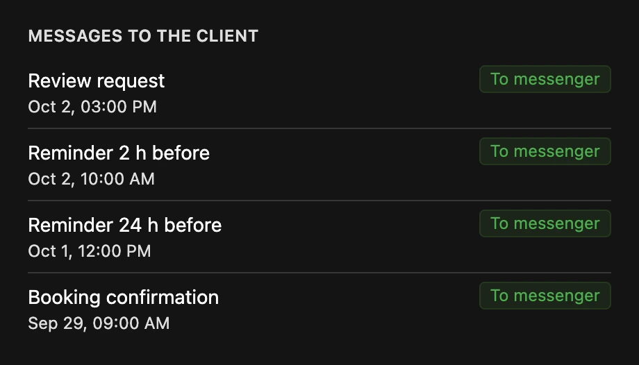 The "Messages to the client" block in the appointment card