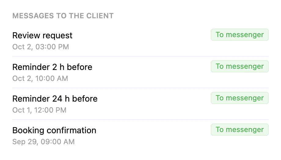 The "Messages to the client" block in the appointment card