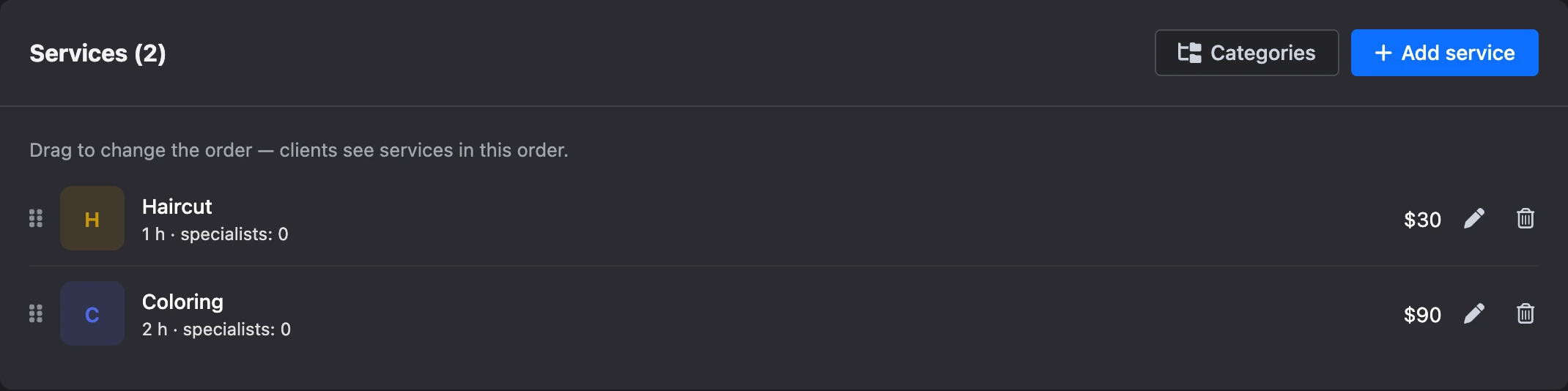 Branch services with duration and price