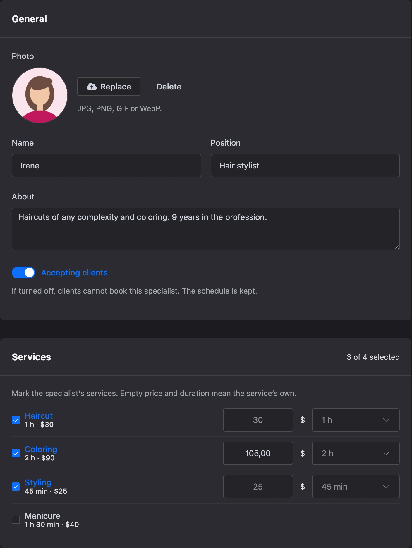 Specialist card: general details and services with an own price