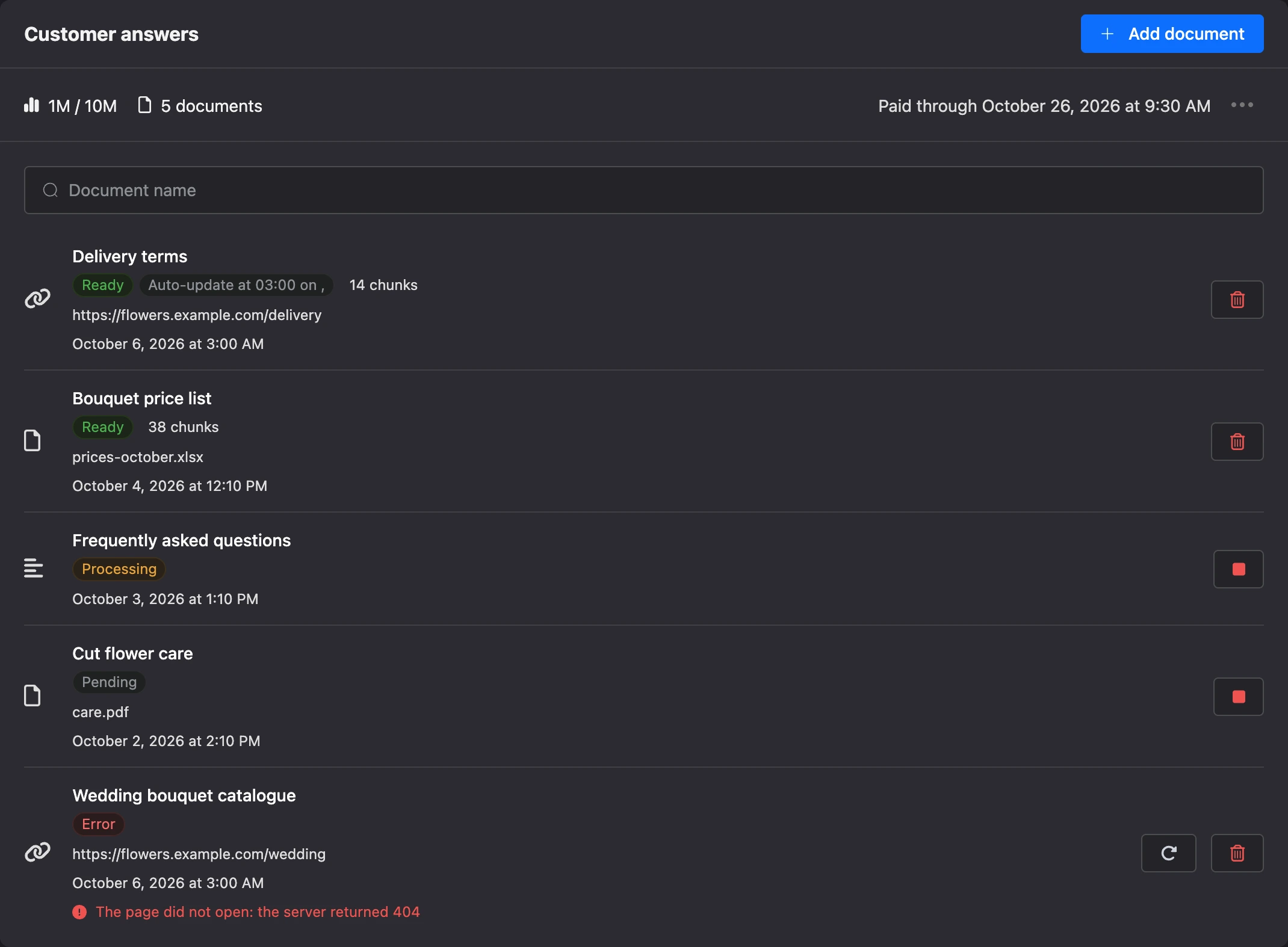The Documents page with documents in different states