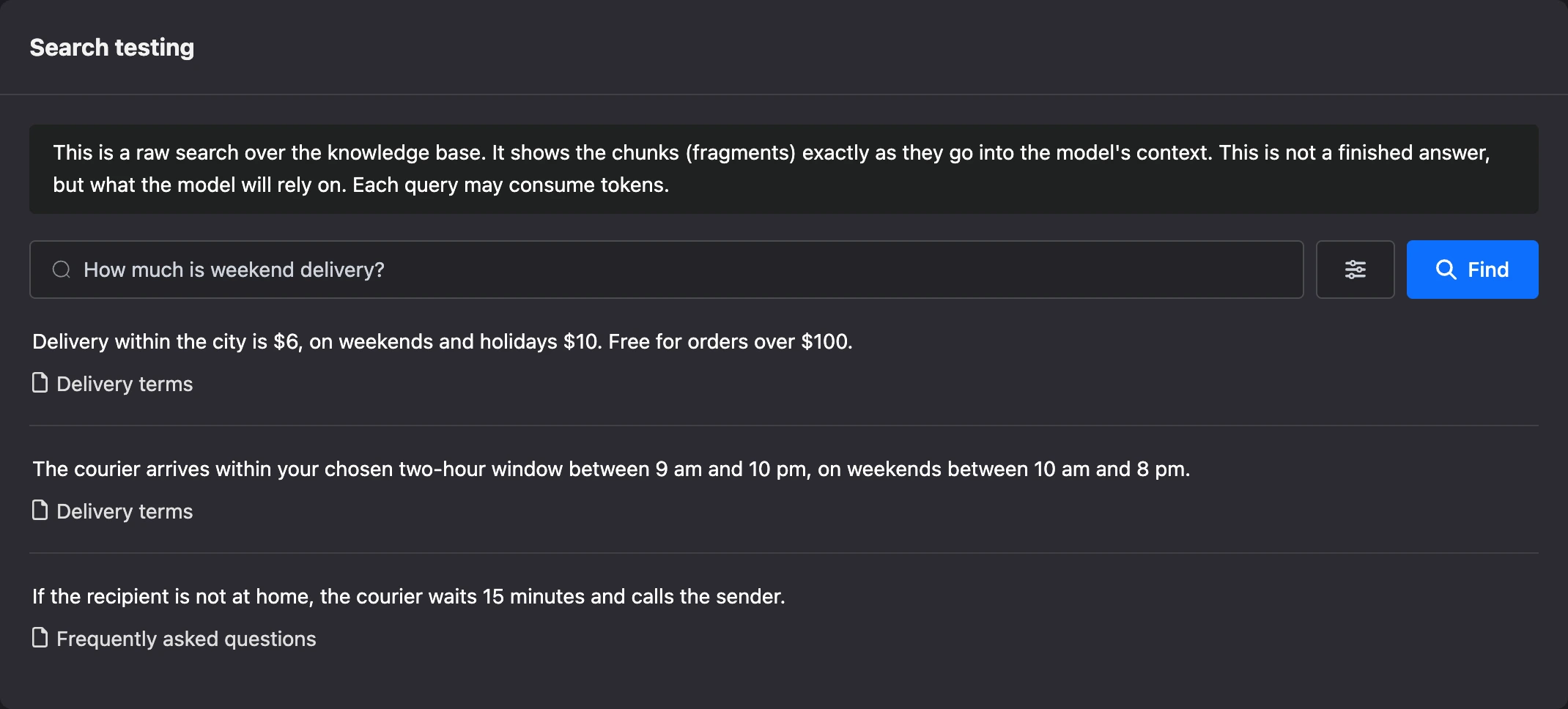 The Search testing page with found fragments