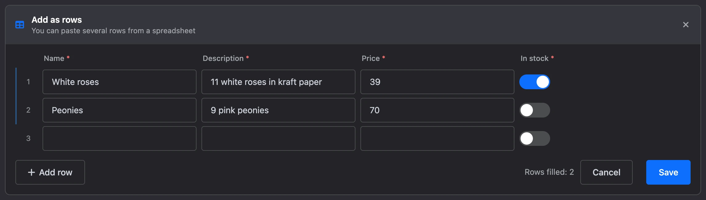 The Add rows panel: two filled rows and an empty one