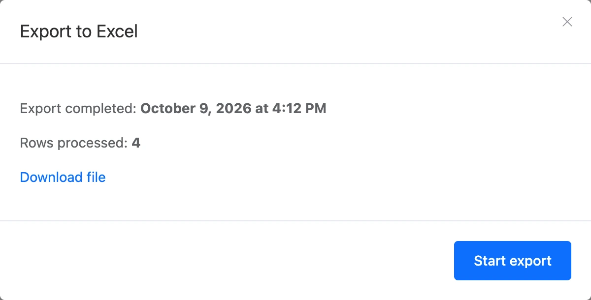 The "Export to Excel" window after an export: date, number of rows and a link to the file
