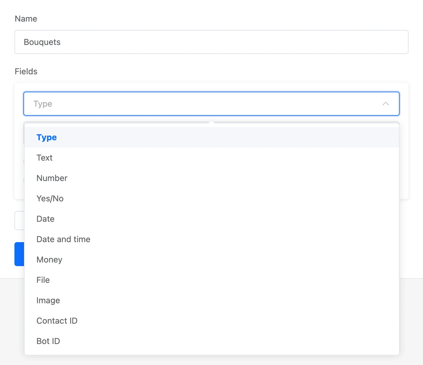 Choosing a field type in the new list form
