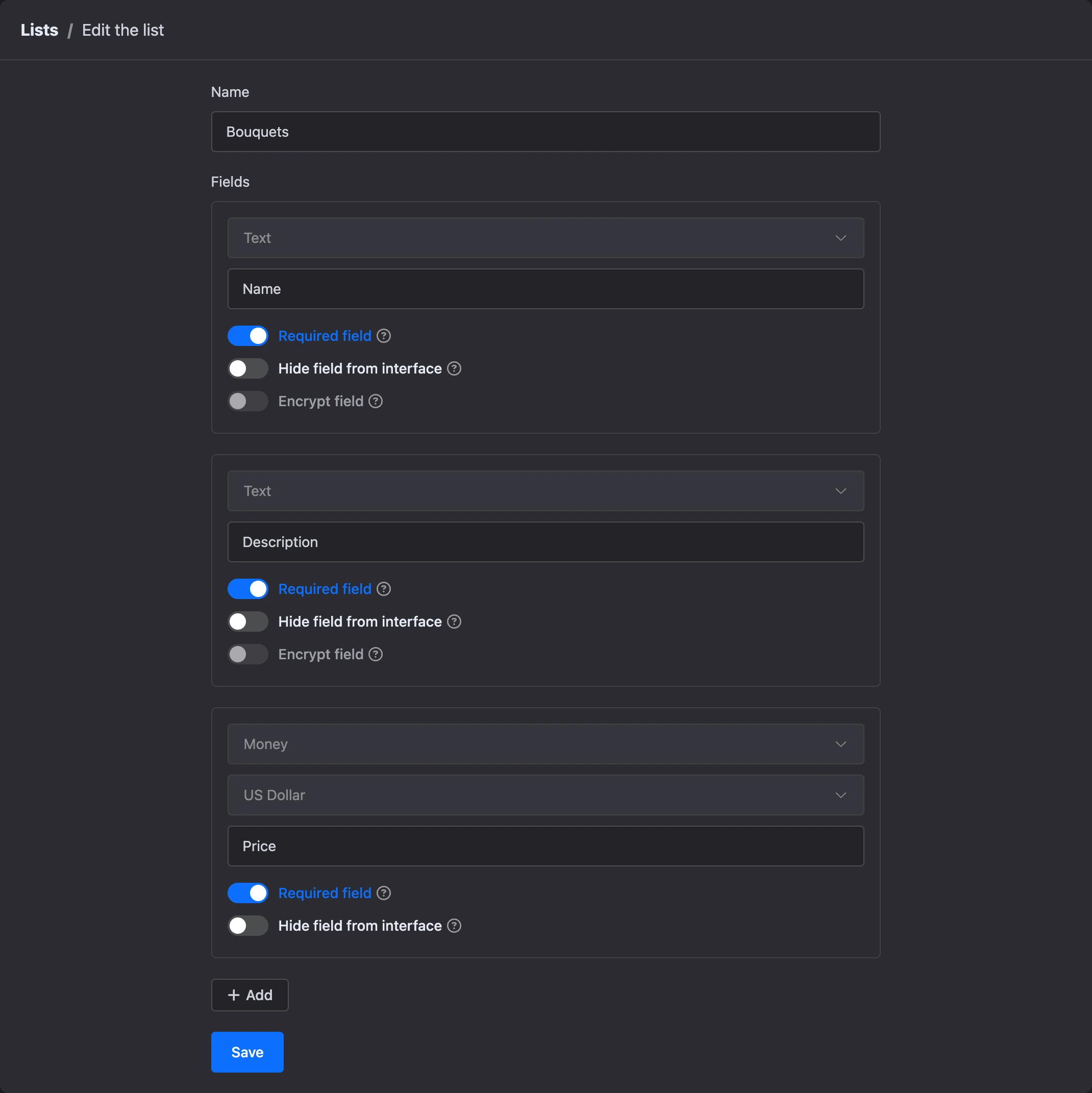 List form: name and fields with their types
